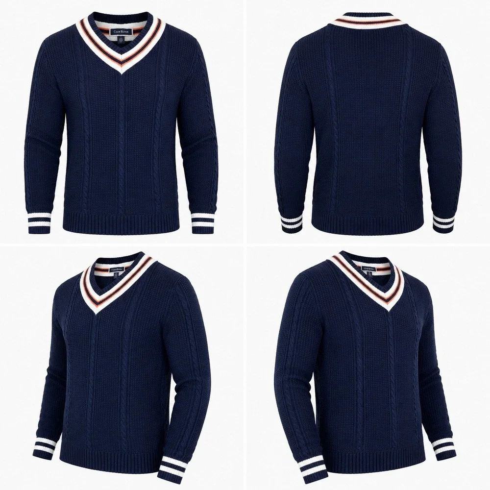 Club Room Mens L Cable Knit Cricket Sweater Navy V Neck Stripe Cotton Collegiate